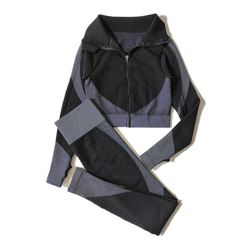 2/3Pcs Women Yoga Suit Seamless Knitted Yoga Pants Leggings Clothing Zipper Long Sleeve Crop Top Fitness Wear Sportswear Gym Set