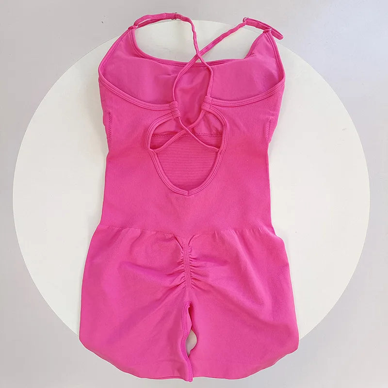 Sexy Seamless Peach Hip Yoga Jumpsuit - Quick-Dry, Stretchy Knit Fabric, Removable Pads, Striped Design, Slim Fit for Wome