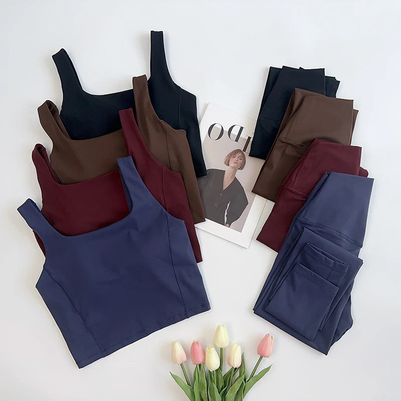 2 Piece High Waitsed Leggings with Sports Bras Yoga Set Tight Gym Fitness Sportswear Seamless Set Pilates Bra Women Cloth Suits