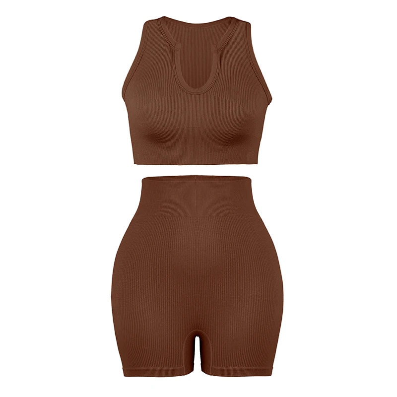 CHRLEISURE Workout Outfits for Women 2 Piece Ribbed Seamless Yoga Suit High Waist Leggings with Crop Tank Top Gym Exercise Set