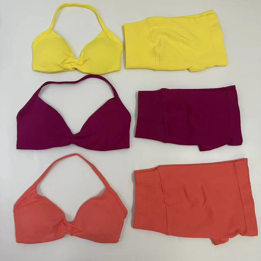 2PCS Yoga Gym Set Women Seamless Strappy Yoga Bra Top High Waist Workout Scrunch Shorts Sports Suit Fitness Clothes Sportswear