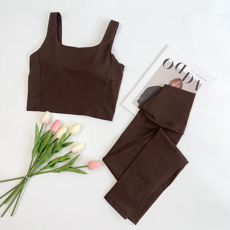 2 Piece High Waitsed Leggings with Sports Bras Yoga Set Tight Gym Fitness Sportswear Seamless Set Pilates Bra Women Cloth Suits