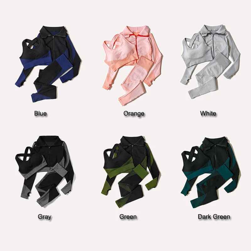 2/3Pcs Women Yoga Suit Seamless Knitted Yoga Pants Leggings Clothing Zipper Long Sleeve Crop Top Fitness Wear Sportswear Gym Set