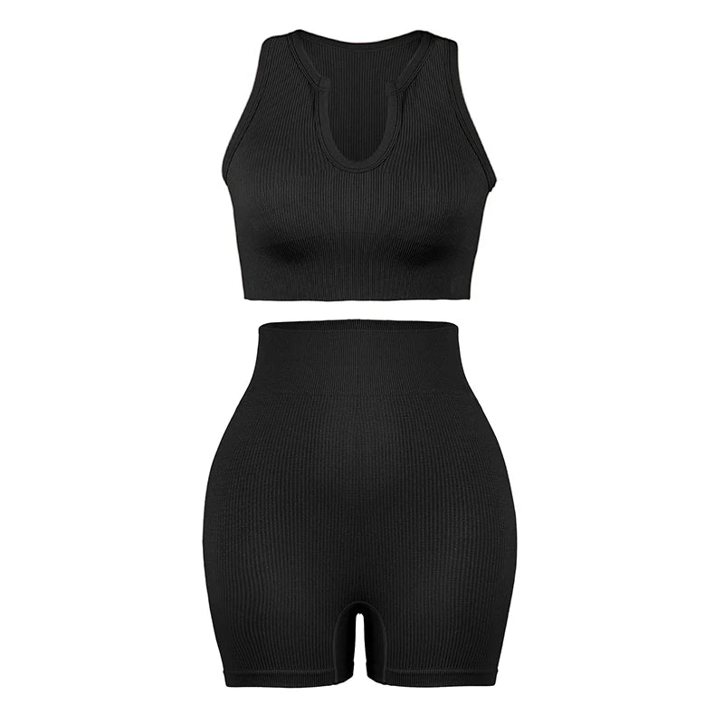CHRLEISURE Workout Outfits for Women 2 Piece Ribbed Seamless Yoga Suit High Waist Leggings with Crop Tank Top Gym Exercise Set