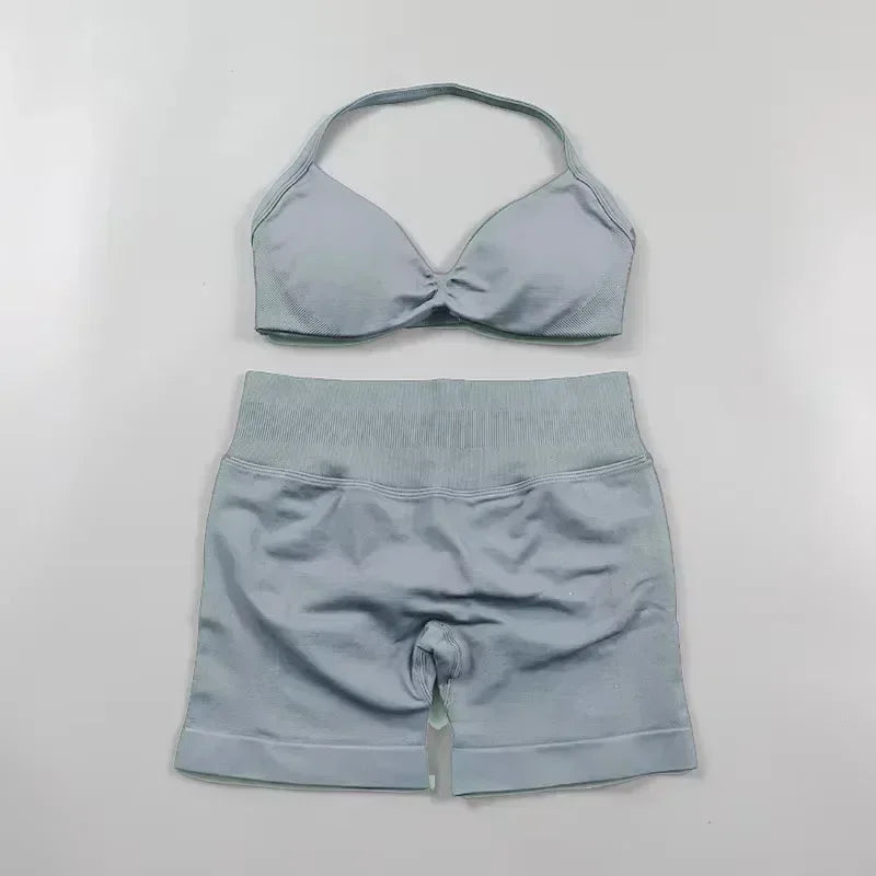 2PCS Yoga Gym Set Women Seamless Strappy Yoga Bra Top High Waist Workout Scrunch Shorts Sports Suit Fitness Clothes Sportswear