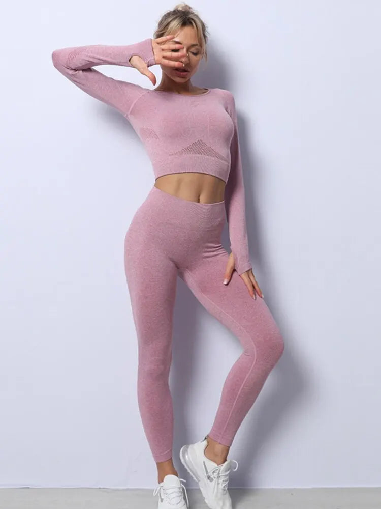 Women Yoga 2 Pieces Workout Outfits Seamless High Waist Leggings Sports Crop Top Running Clothes Sets
