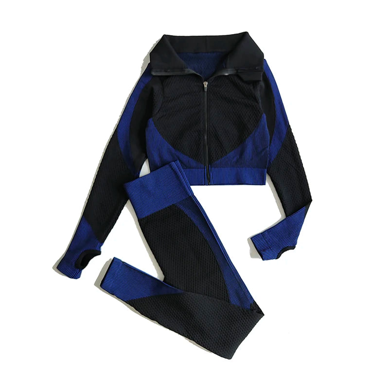 2/3Pcs Women Yoga Suit Seamless Knitted Yoga Pants Leggings Clothing Zipper Long Sleeve Crop Top Fitness Wear Sportswear Gym Set