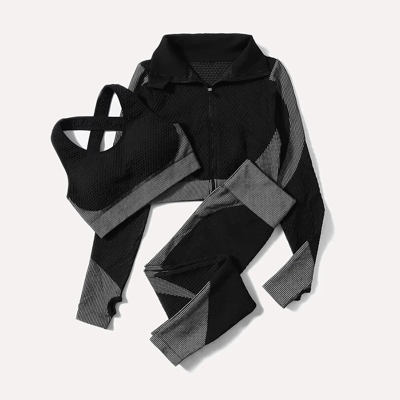 2/3Pcs Women Yoga Suit Seamless Knitted Yoga Pants Leggings Clothing Zipper Long Sleeve Crop Top Fitness Wear Sportswear Gym Set