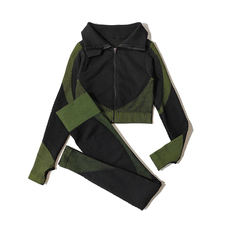 2/3Pcs Women Yoga Suit Seamless Knitted Yoga Pants Leggings Clothing Zipper Long Sleeve Crop Top Fitness Wear Sportswear Gym Set