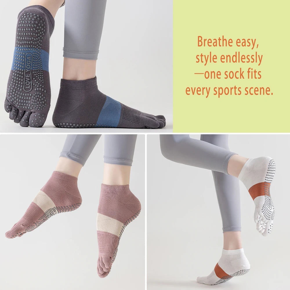 6 PAIRS Fashion Women's Split Toe Sport Socks Seamless Anti-Odor Ventilated Yoga Socks with Silicone Dots Colorful Stripe