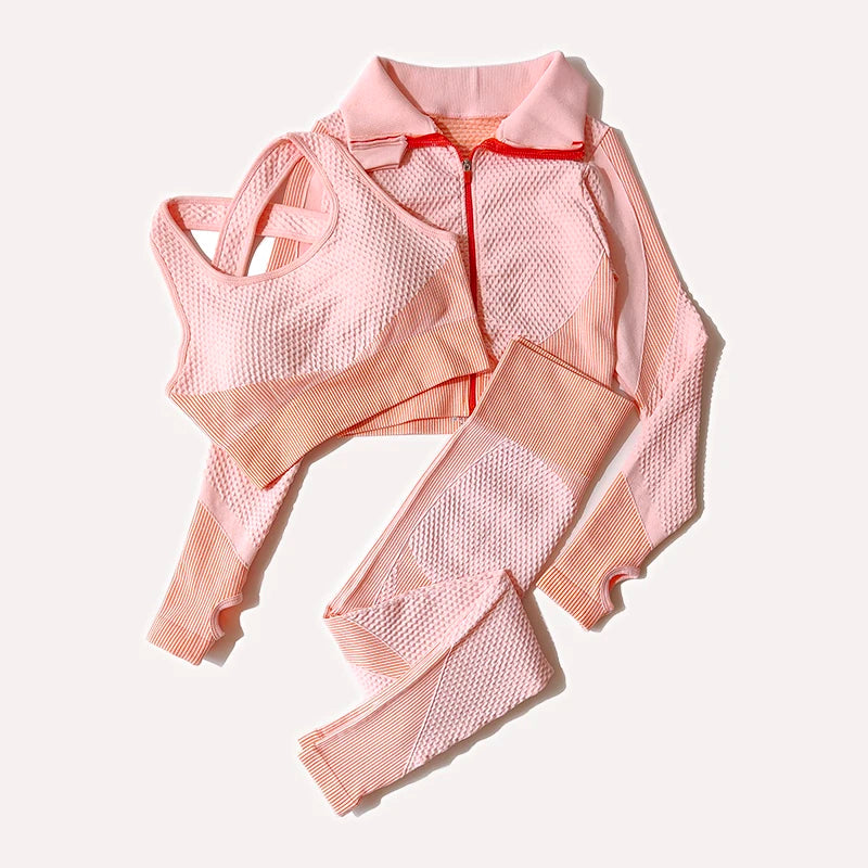 2/3Pcs Women Yoga Suit Seamless Knitted Yoga Pants Leggings Clothing Zipper Long Sleeve Crop Top Fitness Wear Sportswear Gym Set