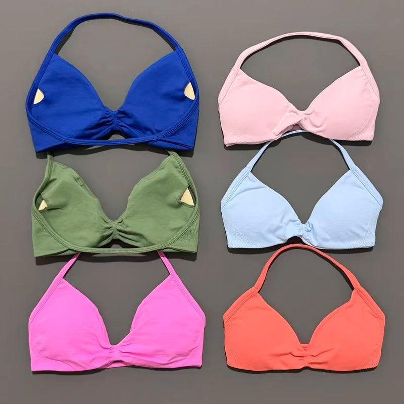 HISTELLO Impact Strappy Bra Gym Top High Support With Pads bra Women Seamless Halter Sports Bras Scrunch Workout Yoga Underwear