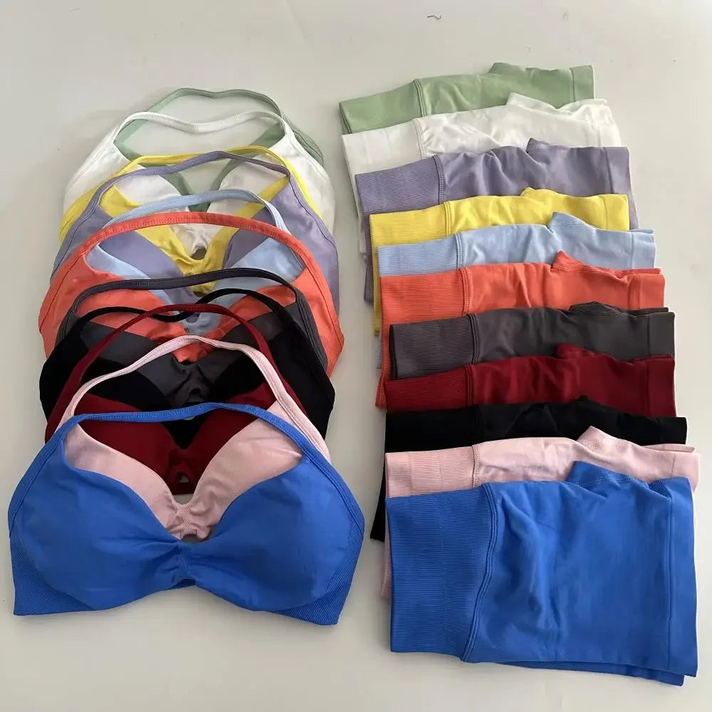 2PCS Yoga Gym Set Women Seamless Strappy Yoga Bra Top High Waist Workout Scrunch Shorts Sports Suit Fitness Clothes Sportswear