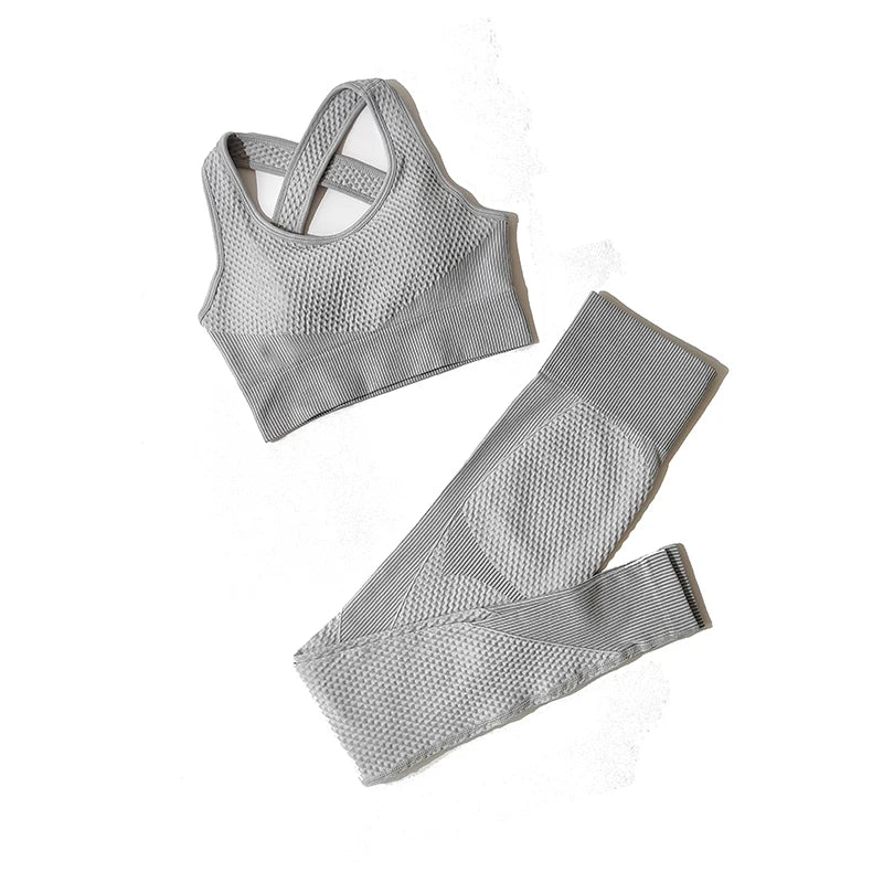 2/3Pcs Women Yoga Suit Seamless Knitted Yoga Pants Leggings Clothing Zipper Long Sleeve Crop Top Fitness Wear Sportswear Gym Set