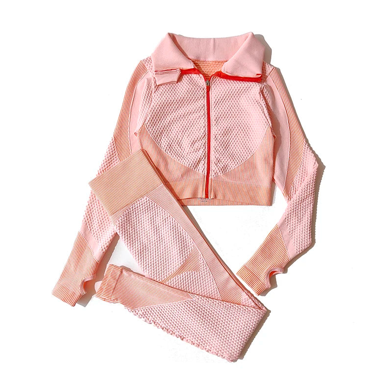 2/3Pcs Women Yoga Suit Seamless Knitted Yoga Pants Leggings Clothing Zipper Long Sleeve Crop Top Fitness Wear Sportswear Gym Set