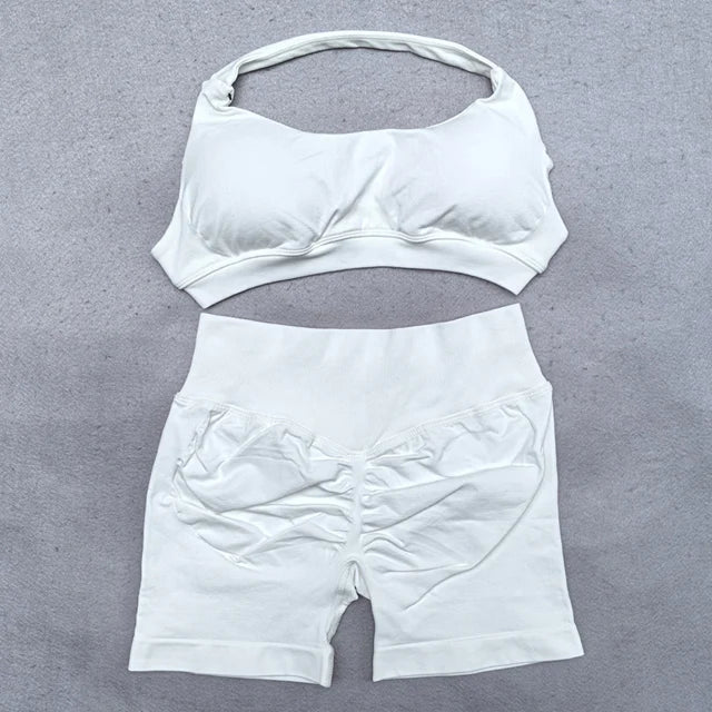 Shorts Set 2 Pieces Seamless Yoga Set Workout Tracksuit Women Halter Sport Bra And Low Waist Scrunch Bum Gym Shorts Suits
