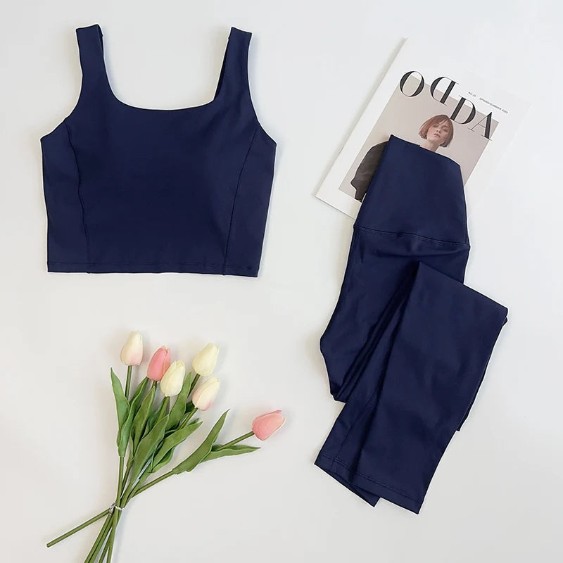 2 Piece High Waitsed Leggings with Sports Bras Yoga Set Tight Gym Fitness Sportswear Seamless Set Pilates Bra Women Cloth Suits