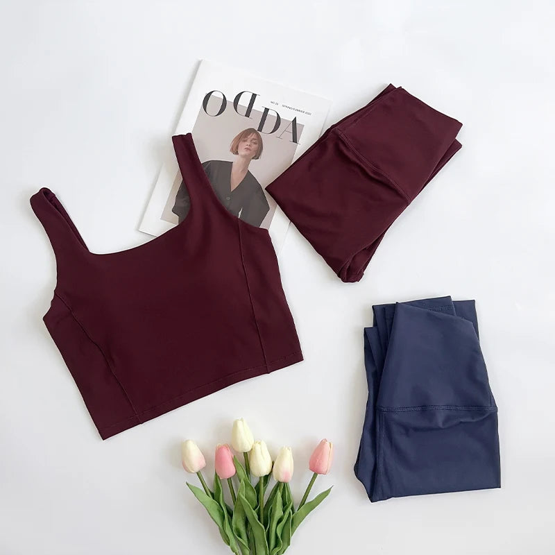 2 Piece High Waitsed Leggings with Sports Bras Yoga Set Tight Gym Fitness Sportswear Seamless Set Pilates Bra Women Cloth Suits