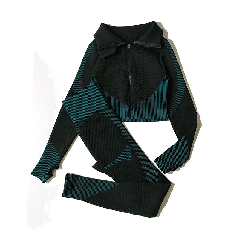 2/3Pcs Women Yoga Suit Seamless Knitted Yoga Pants Leggings Clothing Zipper Long Sleeve Crop Top Fitness Wear Sportswear Gym Set