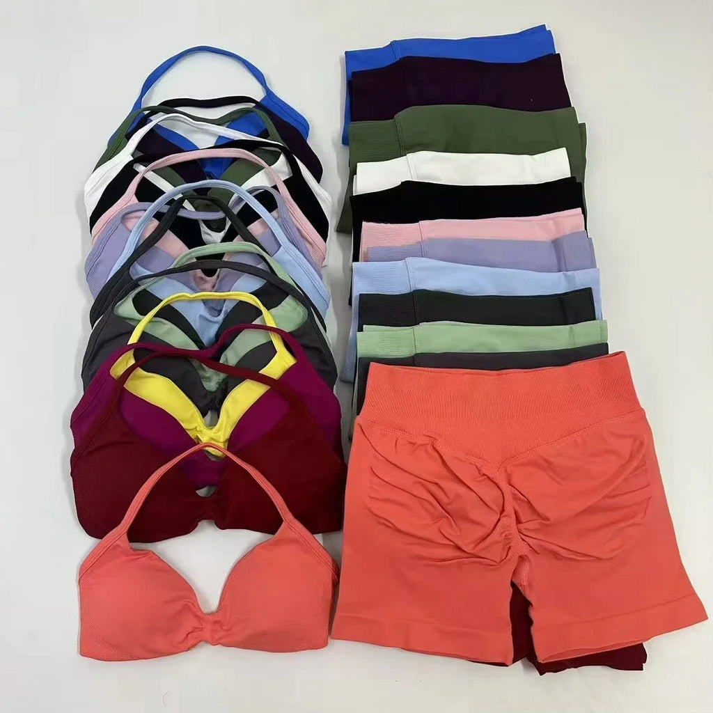 2PCS Yoga Gym Set Women Seamless Strappy Yoga Bra Top High Waist Workout Scrunch Shorts Sports Suit Fitness Clothes Sportswear