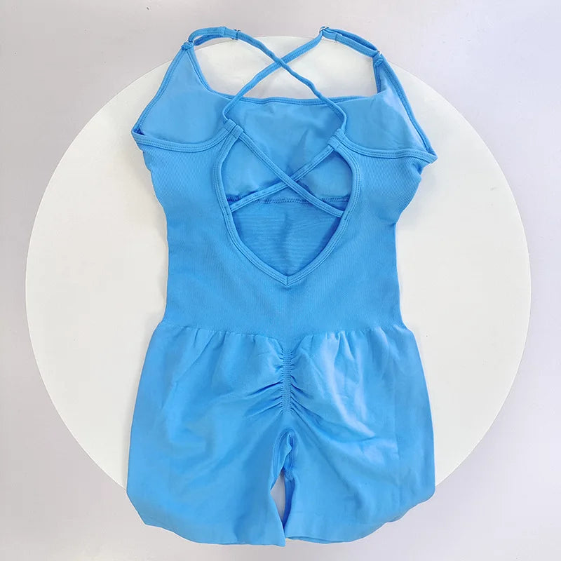 Sexy Seamless Peach Hip Yoga Jumpsuit - Quick-Dry, Stretchy Knit Fabric, Removable Pads, Striped Design, Slim Fit for Wome