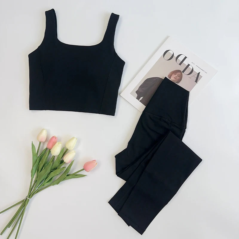 2 Piece High Waitsed Leggings with Sports Bras Yoga Set Tight Gym Fitness Sportswear Seamless Set Pilates Bra Women Cloth Suits