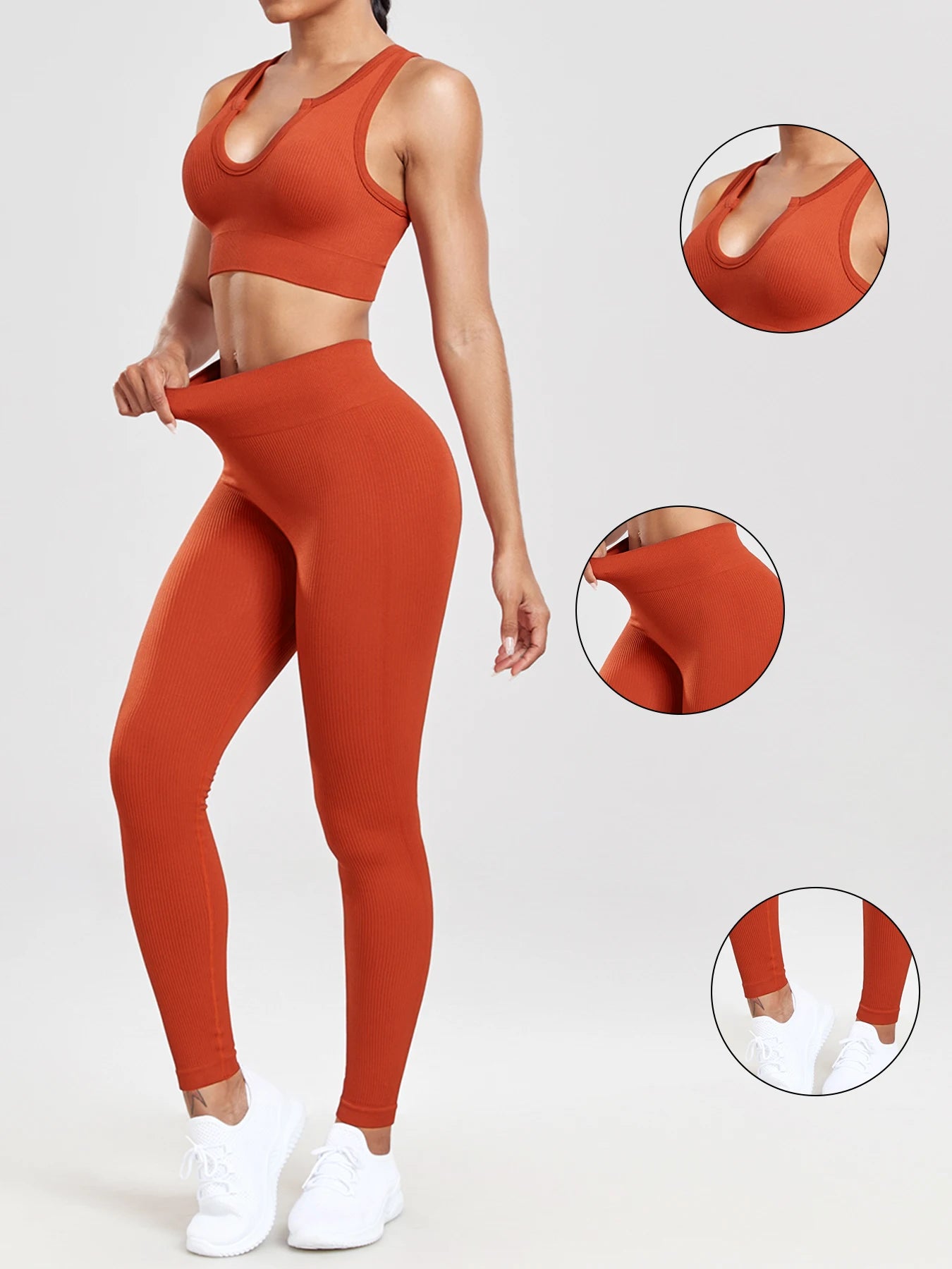 CHRLEISURE Workout Outfits for Women 2 Piece Ribbed Seamless Yoga Suit High Waist Leggings with Crop Tank Top Gym Exercise Set