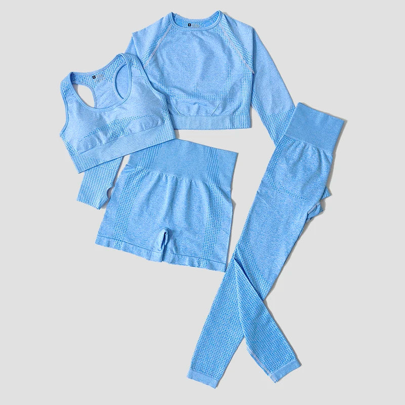 2/3/5PCS Seamless Women Yoga Set Workout Sportswear Gym Clothing Fitness Long Sleeve Crop Top High Waist Leggings Sports Suits