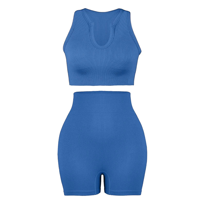 CHRLEISURE Workout Outfits for Women 2 Piece Ribbed Seamless Yoga Suit High Waist Leggings with Crop Tank Top Gym Exercise Set