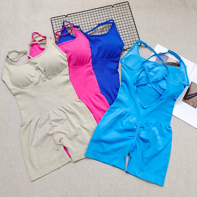 Sexy Seamless Peach Hip Yoga Jumpsuit - Quick-Dry, Stretchy Knit Fabric, Removable Pads, Striped Design, Slim Fit for Wome