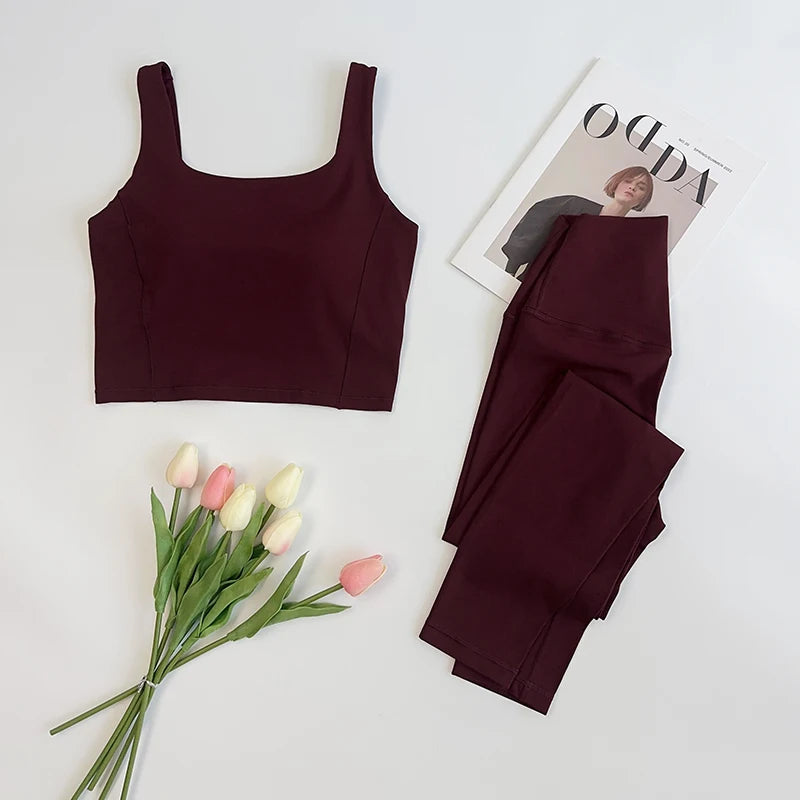 2 Piece High Waitsed Leggings with Sports Bras Yoga Set Tight Gym Fitness Sportswear Seamless Set Pilates Bra Women Cloth Suits