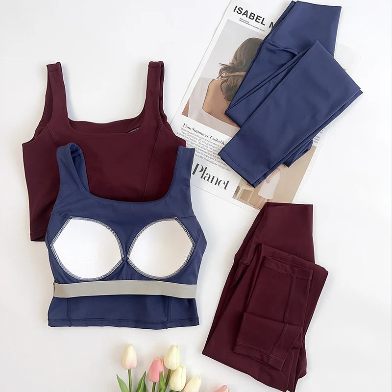 2 Piece High Waitsed Leggings with Sports Bras Yoga Set Tight Gym Fitness Sportswear Seamless Set Pilates Bra Women Cloth Suits