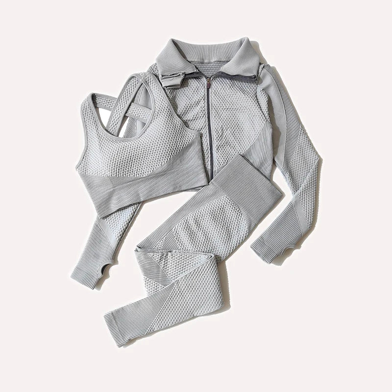 2/3Pcs Women Yoga Suit Seamless Knitted Yoga Pants Leggings Clothing Zipper Long Sleeve Crop Top Fitness Wear Sportswear Gym Set