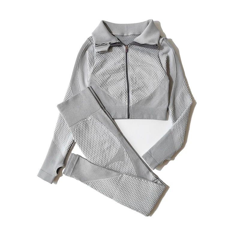 2/3Pcs Women Yoga Suit Seamless Knitted Yoga Pants Leggings Clothing Zipper Long Sleeve Crop Top Fitness Wear Sportswear Gym Set