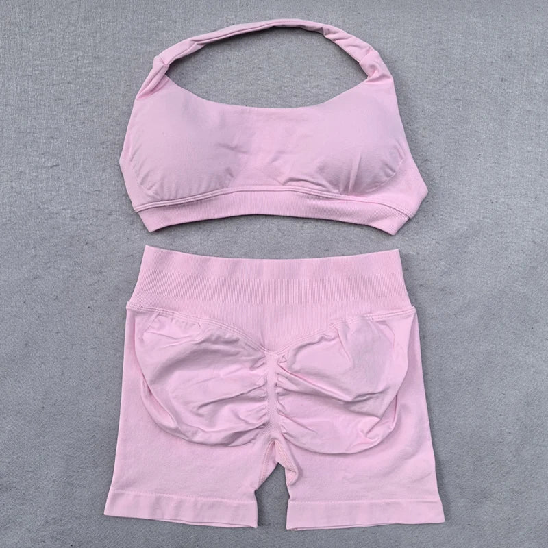 Shorts Set 2 Pieces Seamless Yoga Set Workout Tracksuit Women Halter Sport Bra And Low Waist Scrunch Bum Gym Shorts Suits