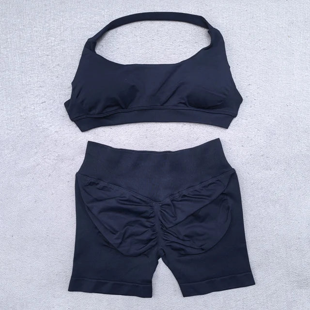 Shorts Set 2 Pieces Seamless Yoga Set Workout Tracksuit Women Halter Sport Bra And Low Waist Scrunch Bum Gym Shorts Suits